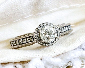 Diamond Engagement Ring, 14k White Gold Round Diamond Halo Filigree Engagement Ring, Promise Ring