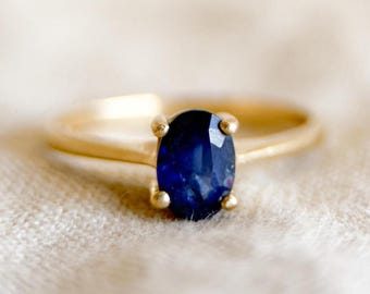 Vintage Sapphire Engagement Ring, Oval Cut, 14k Gold, Solitaire Gemstone Bridal Ring