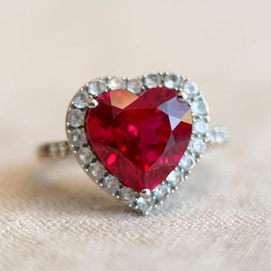 Vintage 1990s Heart Cut Ruby Engagement Ring, 10k White Gold, Halo Design • One-of-a-Kind Jewelry