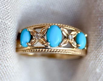 Vintage blauwe turkoois en diamanten ring in 14 kt goud uit de jaren 90 - tijdloze duurzaamheid • Fijne vintage sieraden