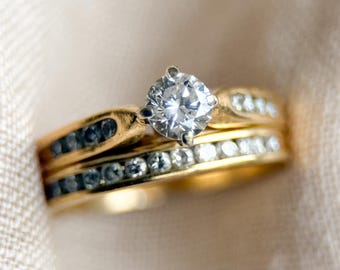Vintage Diamond Engagement and Wedding Rings, Round Cut, 14k Gold, Prong & Channel Bridal Set