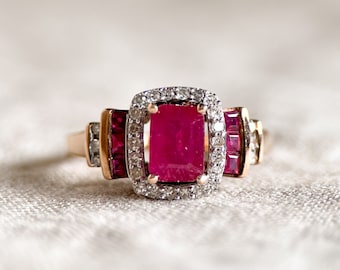 Vintage Ruby Three Stone Diamond Halo Gemstone Ring in 14k Gold, Antique Jewelry from the 1980s - Timeless, Sustainable, @JewelryOnRepeat
