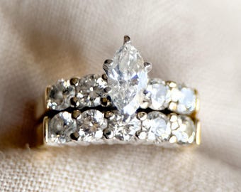 Vintage Diamond Engagement and Wedding Rings, Marquise Cut, 14k Gold, Classic Prong Bridal Set