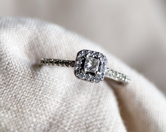 Vintage Diamond Engagement Ring, Princess Cut, 10k White Gold, 1990s Halo Bridal Ring