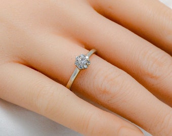 Simple Diamond Halo Engagement Ring, White Gold Round Minimalist Diamond Halo Ring, Promise Ring