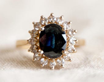 Vintage Sapphire and Diamond Halo Engagement Ring, Oval Cut, 14k Gold, Bridal Ring