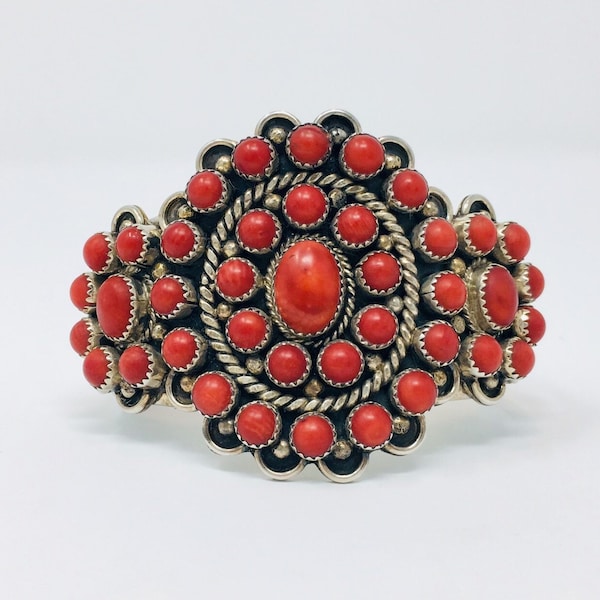 Vintage Red Coral Cuff Bracelet in Sterling Silver, Vintage Native American Jewelry from the 1960s - Timeless, Sustainable, @JewelryOnRepeat
