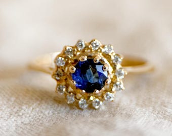 Vintage Sapphire and Diamond Halo Engagement Ring, Round Cut, 14k Gold, Bridal Ring