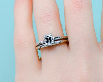 Diamond Wedding Set, White Gold Emerald Cut Diamond Vintage Engagement Ring and Wedding Band, Promise Ring