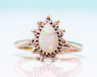 Antique Opal Ring, 14k White Gold Pear Cut Halo Genuine White Opal Gemstone Ring, Vintage Jewelry Gift for Women