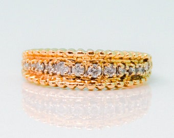 Diamond Wedding Ring, 14k Gold Round Diamond Milgrain Wedding Band, Vintage Jewelry for Women
