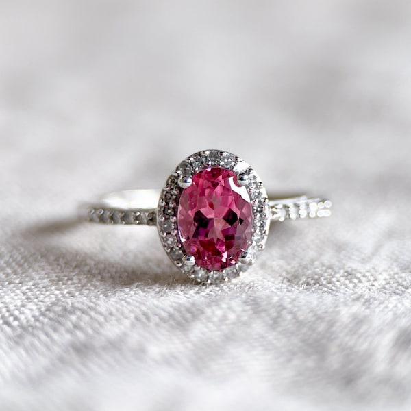 Vintage Pink Tourmaline Gemstone Ring with Diamond Halo in 14k White Gold, Retro 1990s Jewelry - Timeless, Sustainable, @JewelryOnRepeat