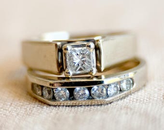 Vintage Diamond Engagement & Wedding Rings, Princess Cut, 14k White Gold, Channel Band, Bridal Set