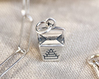 Sterling Silver Chinese Take-Out Charm Pendant, Food Themed Minimalist Jewelry, Gift for Her