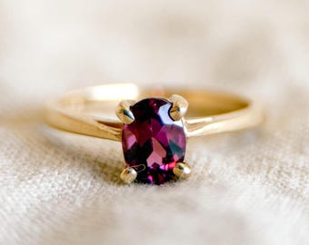 Vintage Rhodolite Garnet Ring, 14k Gold Oval Cut Solitaire Statement Ring, Minimalist Jewelry