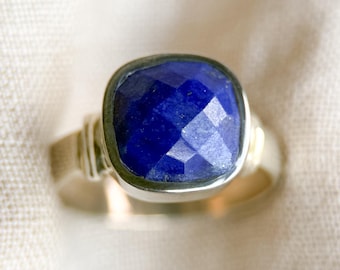 Vintage Lapis Lazuli Sterling Silver Ring, Cushion Checkerboard Statement Boho Jewelry