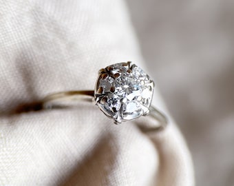 Vintage diamanten halo-verlovingsring, rond geslepen, 14k witgoud, clusterbruidsring