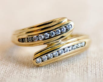 Vintage Diamond Wedding Band, 14k Gold, Anniversary Ring, Channel Set Bypass Band