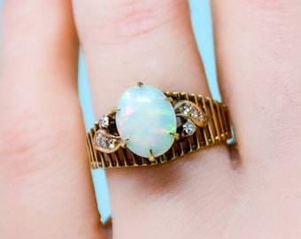 Gold Opal Ring, 14k Gold Oval Genuine Opal and Diamond Filigree Ring, Vintage Jewelry Gift for Women