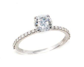 Moissanite and Ethically Sourced Diamond Engagement Ring in 14k White Gold, Handmade Jewelry - Timeless, Sustainable, @JewelryOnRepeat