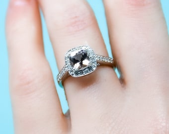 Morganite Engagement Ring - 14k White Gold Pink Morganite Cushion Halo Diamond Engagement Ring, Vintage Ring Gift for Women
