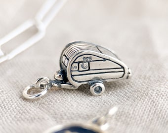Sterling Silver Camper Charm Pendant, Travel Adventure Themed Minimalist Jewelry, Gift for Her