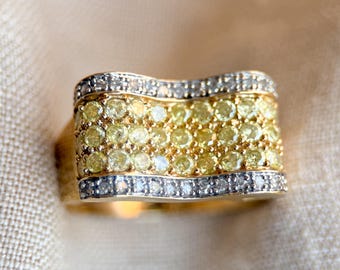 Vintage Yellow Diamond Statement Band, 14k Gold, Pave Ribbon Wave Ring