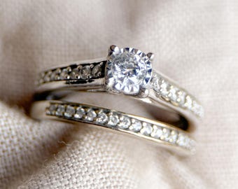 Vintage Diamond Engagement and Wedding Rings, Round Cut, 14k White Gold, Classic Bridal Set