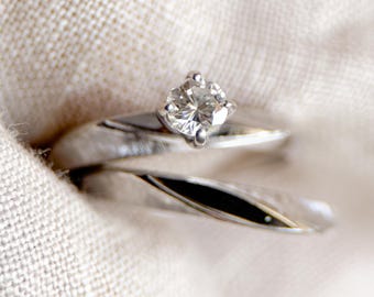Vintage Diamond Engagement & Wedding Ring, Round Cut, 14k White Gold, 1950s Mid-Century Bridal Set