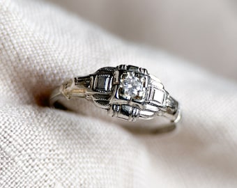 Vintage 1950s Art Deco Diamond Ring - 14k White Gold Heirloom Engagement Jewelry