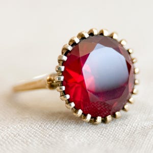 Vintage Ruby Ring, 10k Gold, Round Cut Large Solitaire Statement Ring, 1970s Bold Jewelry