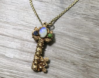 Antique Multi Stone Skeleton Key Pendant, with Opal and Jade in 14k Yellow Gold with 19 inch chain, Intricate Filigree Skeleton Key Necklace