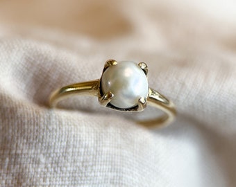 Vintage Pearl Engagement Ring, 14k Gold, 1970s Solitaire, Bridal Ring