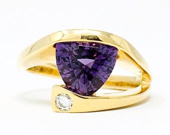 Purple Sapphire Ring, 14k Gold Trillion Cut Lab Created Purple Sapphire and Diamond Ring, Vintage Jewelry Gift for Women