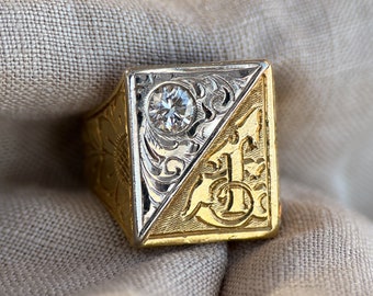 Vintage Filigree Two-Tone Signet Diamond Ring in 18k Gold, Vintage Mens Ring from the 1970s - Timeless, Sustainable, @JewelryOnRepeat