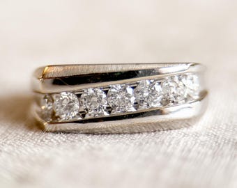 Vintage Diamond Wedding Band, 14k White Gold, Channel Set, Gents Diamond Ring