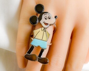 Mickey Ring, Sterling Silver Vintage Cartoon Mouse Gemstone Ring, Gift for Women