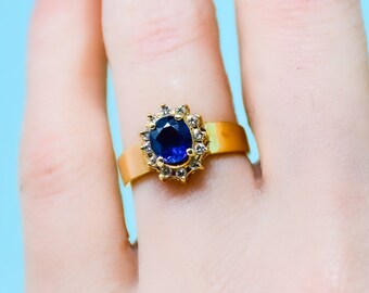 Sapphire and Diamond Ring, 14k Gold Oval Cut Lab Created Blue Sapphire and Diamond Halo Ring, Vintage Jewelry Gift for Women