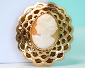 Vintage Cameo Pendant Brooch, 14k Gold Oval Floral Convertible Brooch Pendant, Hand Carved Shell Ladies Portrait, Gift for Women