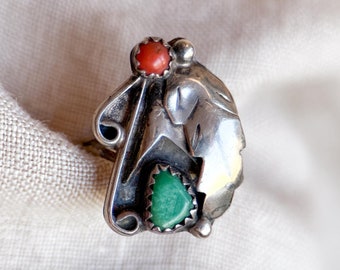 Vintage Turquoise and Coral Ring Sterling Silver, Southwestern Gemstone Jewelry, Everyday Ring