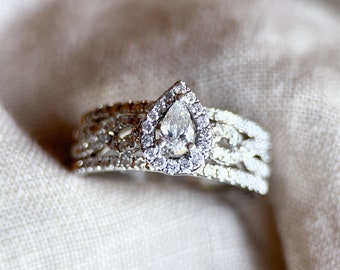 Vintage 1990s Pear Diamond Halo Engagement Set, 14k White Gold - Timeless Sustainability • Vintage Jewelry