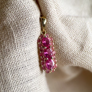 Vintage Pink Tourmaline Three Stone Halo Gemstone Pendant in 14k Gold, Retro 1990s Jewelry 1990s - Timeless, Sustainable, @JewelryOnRepeat