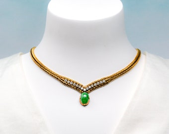 Vintage Jade Necklace - 14k Gold Oval Jadeite and Diamond Statement Necklace, Gift for Women