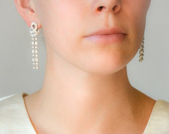 Diamond Earrings, 18k White Gold Vintage Rose Cut Fancy Dangle Earrings, Gift for Women