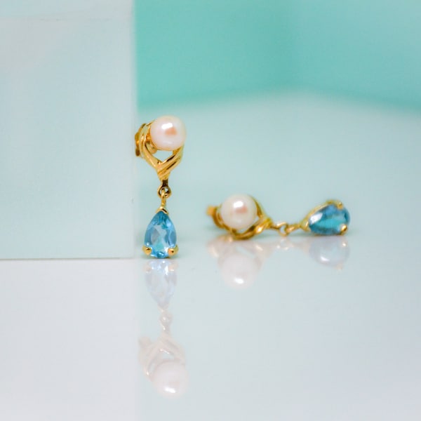 Vintage Blue Topaz and Pearl Drop Earrings in 14k Gold, Vintage Jewelry from the 1990s - Timeless, Sustainable, @JewelryOnRepeat