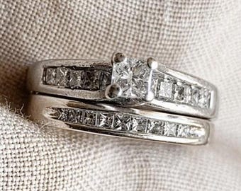 Vintage Princess Cut Diamond Engagement Ring & Wedding Band Set, Platinum, 14k, Channel Cathedral