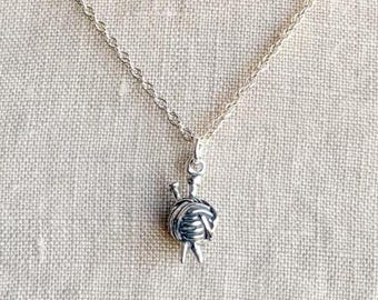 Sterling Silver Yarn Knitting Charm Necklace, Minimal Layering Jewelry, Gift for Her