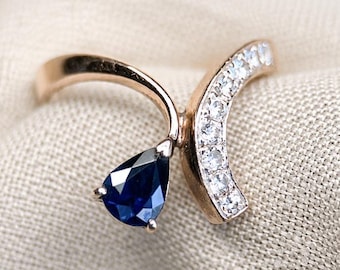 Anello vintage con zaffiro e diamanti, oro 14 carati, asimmetrico a forma di pera, Toi et Moi, gioielli anni '70.