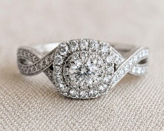 Vintage diamanten halo verlovingsring, rond geslepen, 14k witgoud, kussen Infinity bruidsring