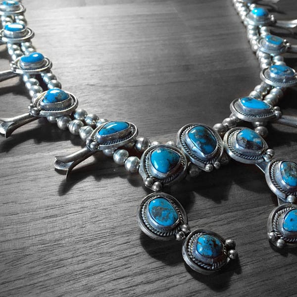 Vintage Blue Turquoise Native American Squash Blossom Necklace, Large Squash Blossom Naja Necklace in 925 Sterling Silver, High Quality
